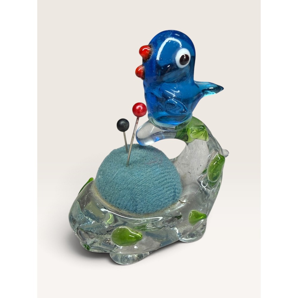 Vintage Hand Blown Art Glass Pin Cushion Blue Bird & Turtle Sewing Collectible
